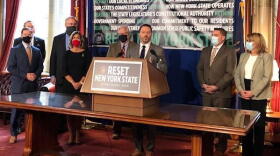 Senate Minority Leader Robert Ortt and other GOP senators at the State Capitol, Tuesday. KAREN DEWITT / WBFO ALBANY CORRESPONDENT