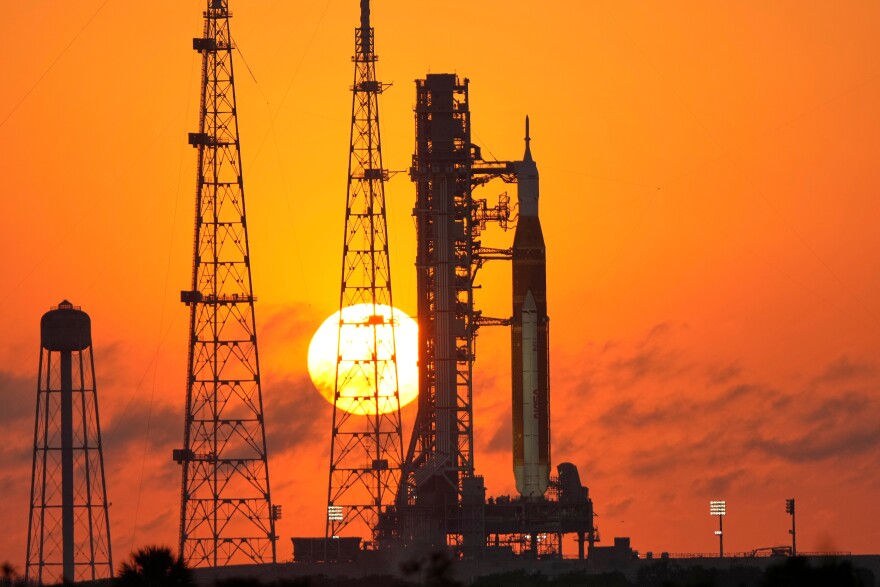 NASA's Space Launch System rocket with the Orion spacecraft set for the Artemis 2 mission is seen on Launch Complex 39B at sunrise at the Kennedy Space Center, Tuesday, March 24, 2026, in Cape Canaveral, Fla.