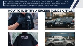 Eugene Police Chief Chris Skinner says his officers wear clear identifying information showing they are local law enforcement officers and will identify themselves when asked.