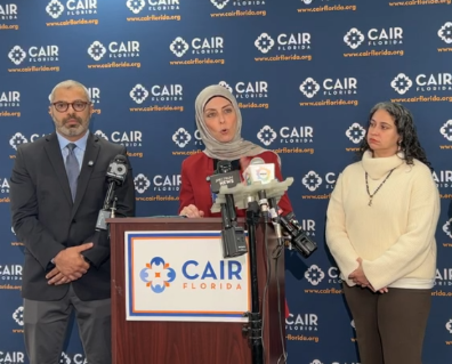 Hiba Rahim, interim executive director for CAIR-Florida, speaking in Tampa on Dec. 16, 2025.