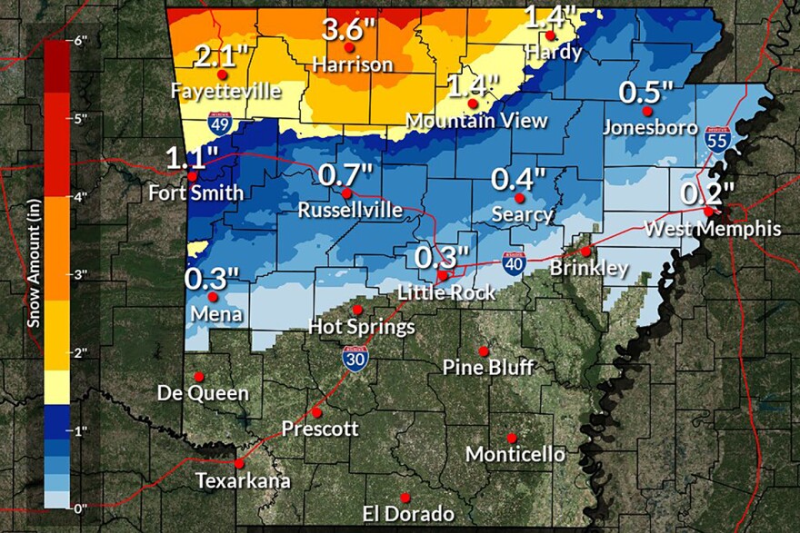 The National Weather Service projection for snow and sleet amounts between Wednesday and Friday, as of Monday at 11 a.m.