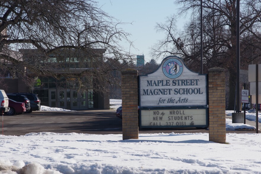 Maple Street Magnet School for the Arts in winter. 