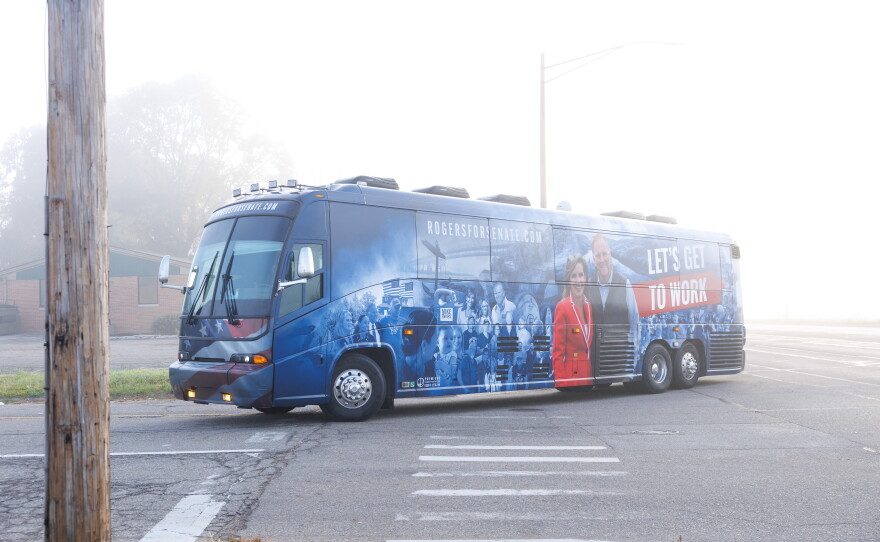 A campaign bus for Republican U.S. Senate nominee Mike Rogers arrives in Lansing Township, Mich., on Oct. 24, 2026.
