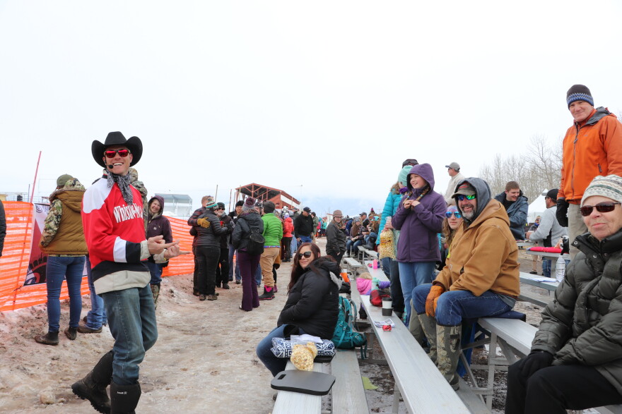 Rodeo clown Jason Dent AKA Whistlenut entertains the crowd at the Red Lodge Rodeo grounds during the 2020 National Finals Skijoring Races.