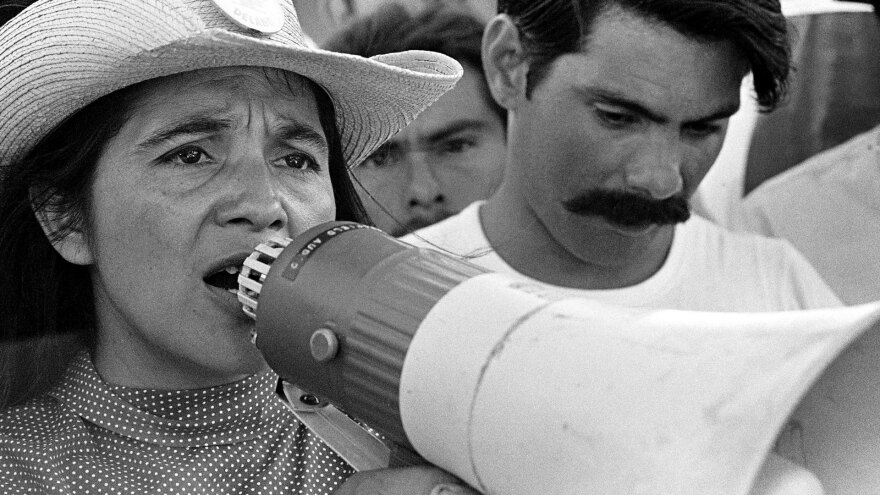 United Farm Workers leader Dolores Huerta organizing marchers on the 2nd day of March Coachella in Coachella, CA 1969. 'Dolores' Premieres March 27 on WKAR-TV.