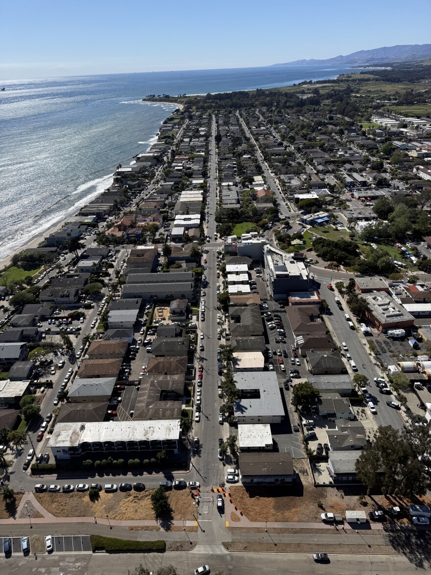 An aerial view of Isla Vista during 2026 spring break weekend.
