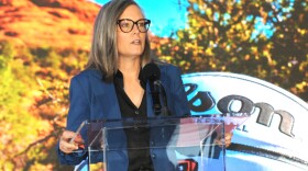Gov. Katie Hobbs discusses the economic impact that the Men's Final Four had on Arizona during a press conference in Phoenix on Tuesday, Aug. 20, 2024.