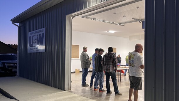 Sibanye-Stillwater union members gather for a Steelworkers United meeting.