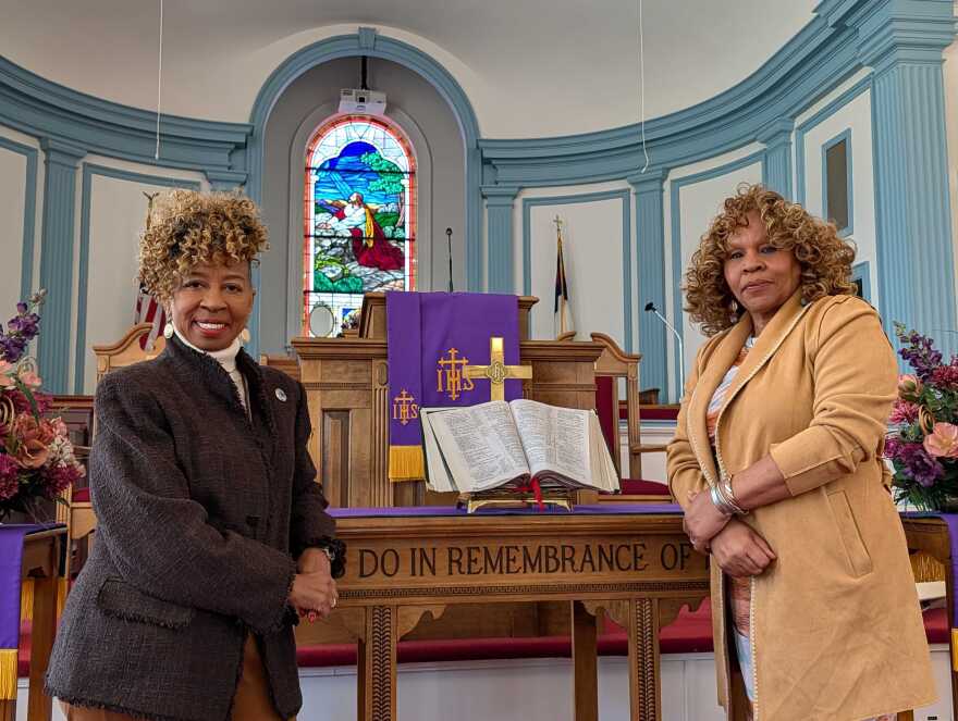Connie Harshaw (left) and Johnette Gordon Weaver inside the Historic First Baptist Church.