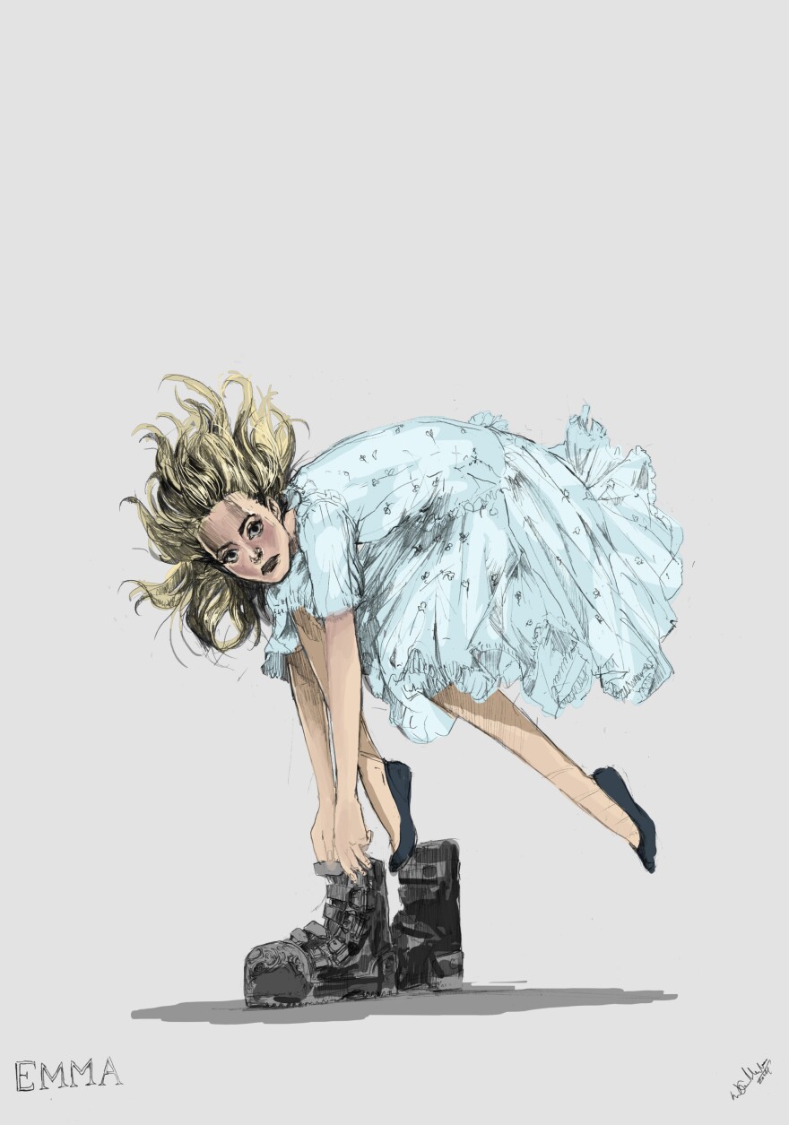 This is Atwood's sketch for Emma, a character from <em>Miss Peregrine's Home for Peculiar</em> <em>Children. </em>You can see how that costume turned out in the photo below.