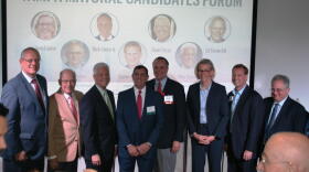 Candidates at a recent debate, from left to right, Ed Turanchik, David Straz, Mike Suarez, moderator Ron Christaldi, Dick Greco Jr., Jane Castor, Topher Morrison and Harry Cohen