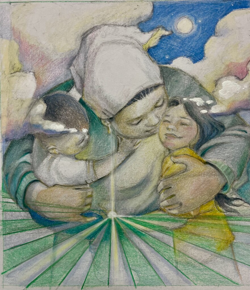 A woman embraces two young children in her arms