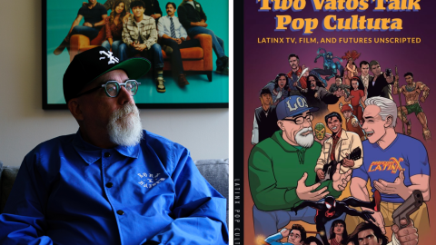 Peter Murrieta, author of "Two Vatos Talk Pop Cultura." On the left, Murrieta is wearing a baseball cap and long sleeve blue shirt. He is sitting on a couch in front of a poster and looking to the right. On the right, is the "Two Vatos Talk Pop Cultura" cover, which showcases a variety of Latinx characters in pop culture with Murrieta and the book's co-author, Frederick Luis Aldama, in the center. 