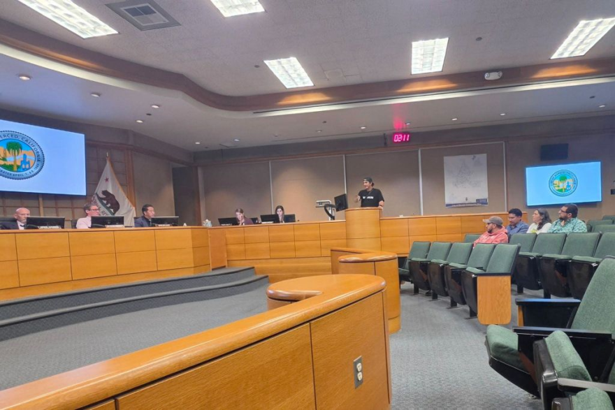 Glen Camarda (center on podium) speaks to Merced City Council about an upcoming request for proposals for two murals funded by the city.