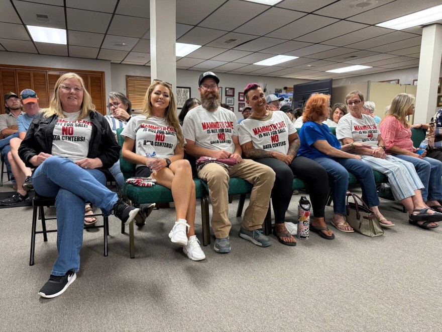 Cave City residents wore shirts stating, "Mammoth Cave is not for sale. No data centers" during a special called city council meeting May 18, 2026.