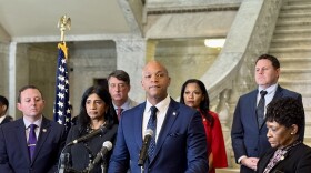 Maryland Governor Wes Moore and state legislative leaders speak about the budget agreement in Annapolis on March 20, 2025. Photo by Rachel Baye/WYPR.