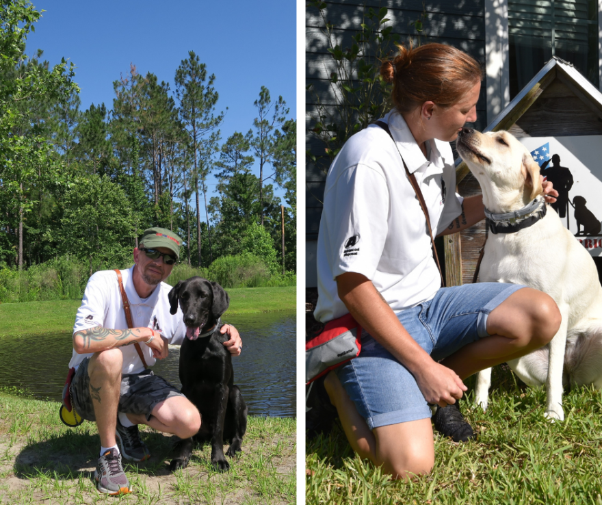 Will Rommel with his dog Rio (left) and Rebecca Stephens with her dog Bobbi. 