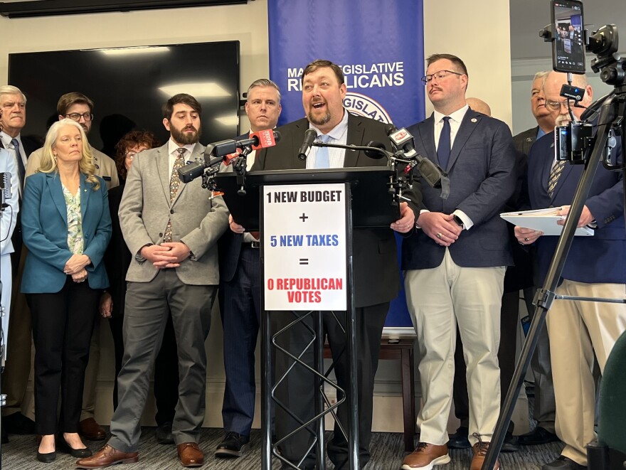 Rep. Billy Bob Faulkingham of Winter Harbor, who is the Republican House leader, speaks during a GOP press conference on Gov. Janet Mills' proposed budget at the State House on Jan. 14, 2025.