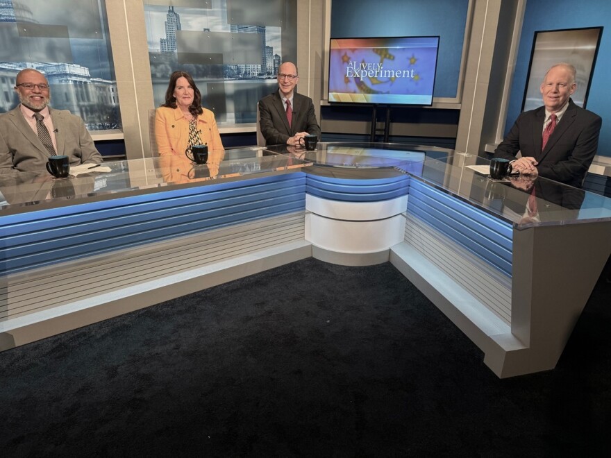 Moderator Jim Hummel, right, hosted panelists Don Roach, left Sue Cienki and Bob Walsh on the Sept. 13 edition of "A Lively Experiment."