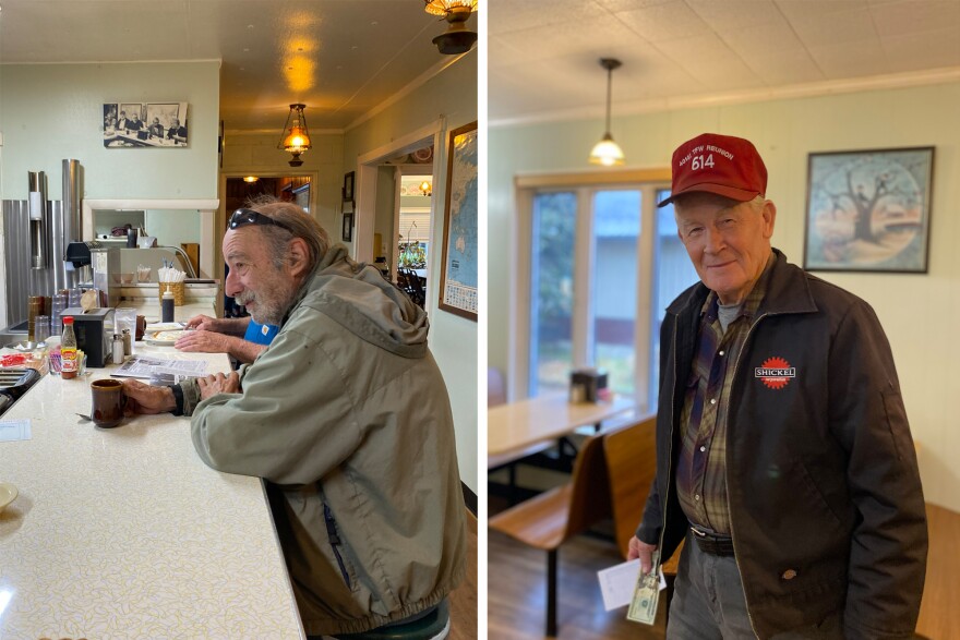 Thomas House diners L.B. Hottel, left, a recently retired auto body worker, and Jay Holsinger, a machinist at Shickel Corporation in Bridgewater.