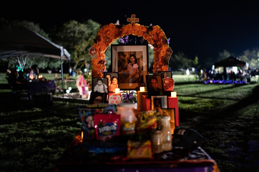 Tess Marie Mata's altar along with other family member pictures at Hillcrest Memorial Cemetery on Nov. 2, 2022 in Uvalde, Texas.