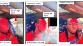 3 images show an black man with long black dreads in a red shirt sitting in a car driver seat , there are boxes and arrows describing what is happening in each image . in the 3rd image a hand is seen slapping the man through the window 