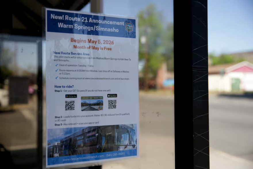 A flier advertises Route 21, a new route connecting people in Madras and Warm Springs to Kah-Nee-Ta Hot Springs Resort and Simnasho, in Warm Springs.