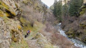 A couple and their dog hike a trail in the Rapid River Wild and Scenic Area.