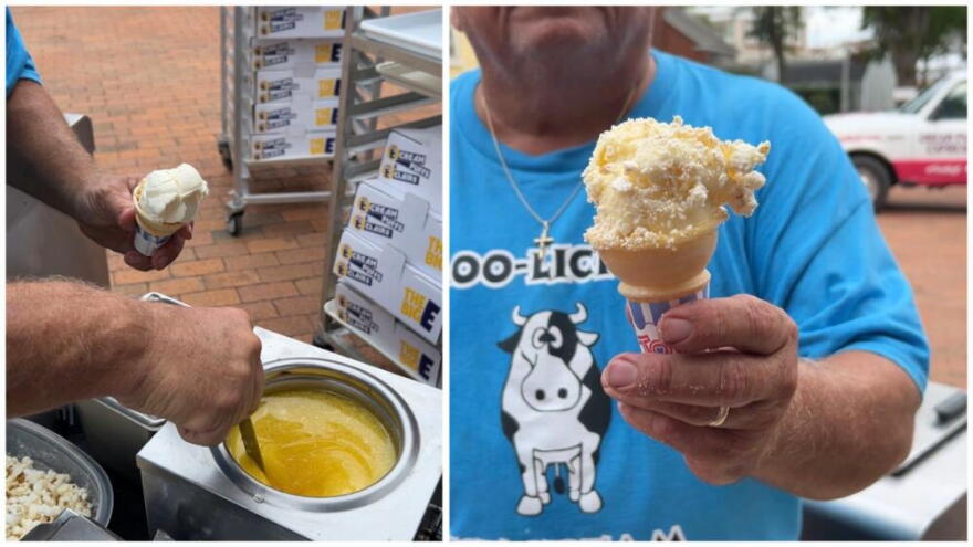 Ice cream dipped in hot salted butter and rolled in popcorn from Moolicious Farm, served at the Big E. (Solon Kelleher/WBUR)