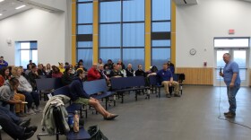Lower Kuskokwim School District Safety Coordinator Perry Barr addresses parents, school staff, and students at a school safety meeting in the Bethel Regional High School cafeteria on Oct. 10, 2019. 