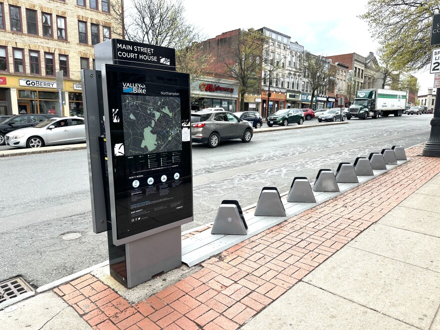 An empty ValleyBike docking station in Northampton, Massachusetts, on April 24, 2023.