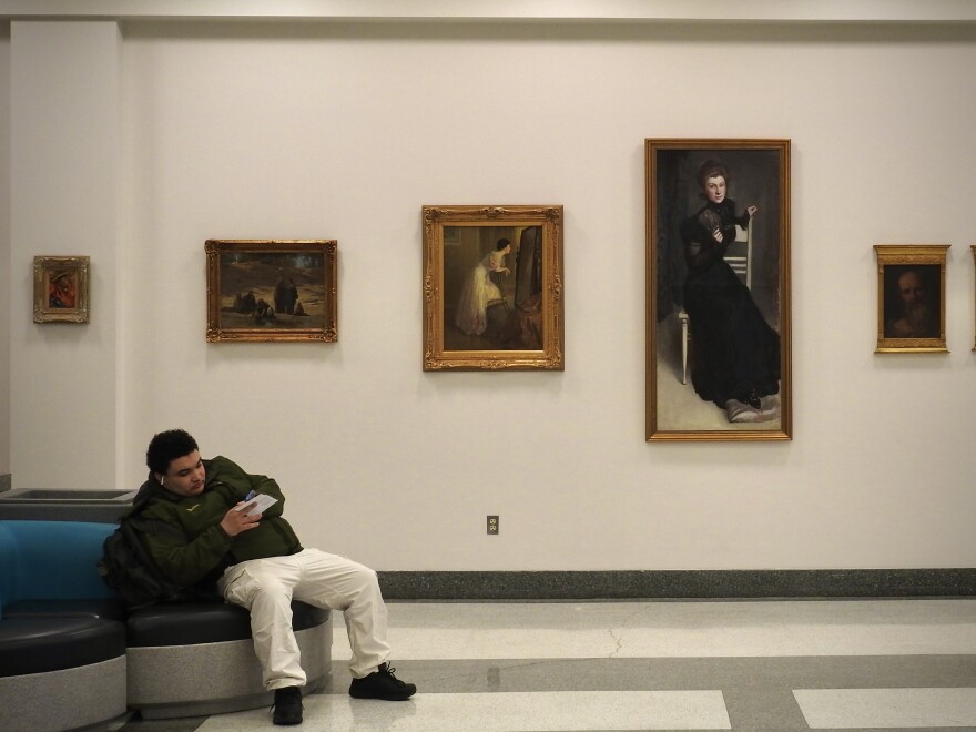 A portion of the Housatonic Museum of Art collection in an atrium of Connecticut State Community College Housatonic. Bridgeport, Conn.