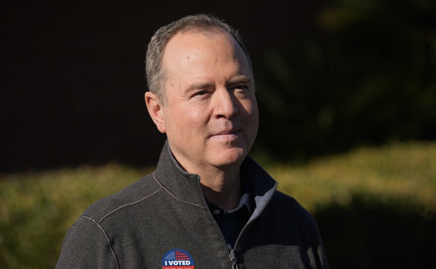 Rep. Adam Schiff, D-Calif., fields questions after voting in Burbank, Calif.