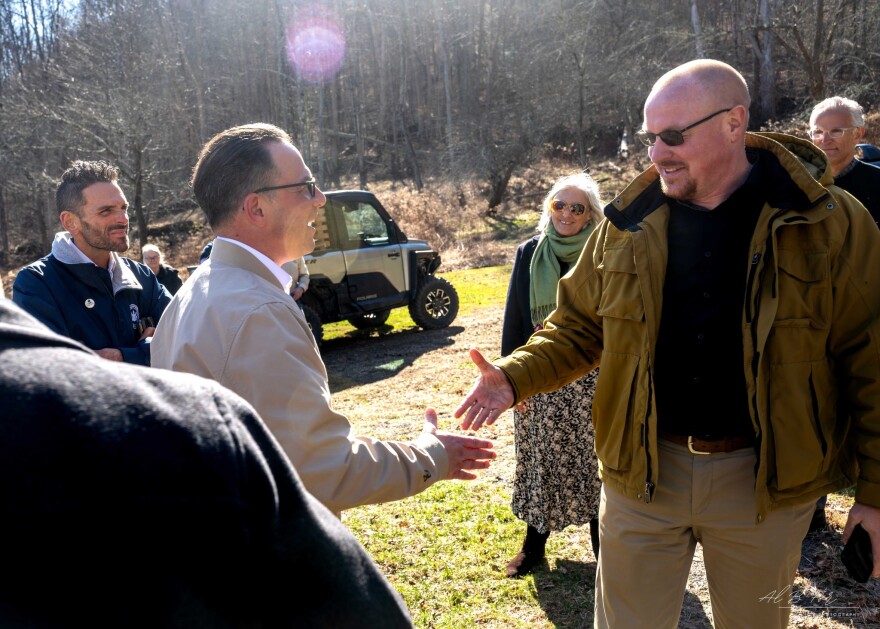 Pennsylvania Governor Josh Shapiro, left, is greeted by Cain Chamberlin, Executive Director of the Endless Mountains Heritage Region Inc., during the governor's recent visit to the Dennis Farm Family. Chamberlin said Shapiro supports the national designation.