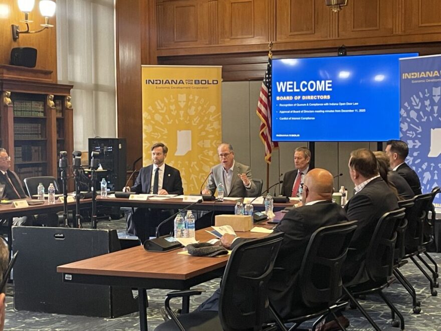 From left: Indiana Economic Development Corp. President Josh Richardson, Gov. Mike Braun and Commerce Secretary David Adams head a meeting of IEDC’s board of directors on Wednesday, March 18, 2026 at the State Library in Indianapolis.