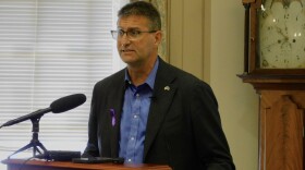 Gov. Matt Meyer at a media event with members of the press on Friday at Legislative Hall in Dover, Del.
