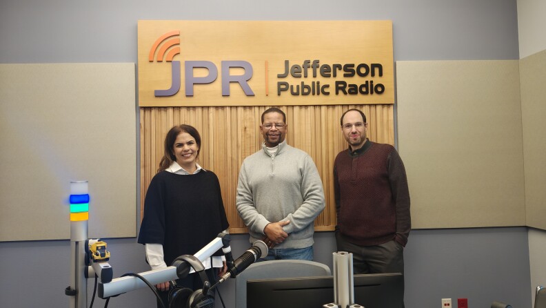 Dr. Shireen Abu-Khader (left) is the star performer in "Music of the Middle East" concert produced by Anima Mundi, whose co-founder is Ethan Gans-Morse (right). Both were in-studio guests of the Jefferson Exchange with host Mike Green on Dec. 4, 2025.