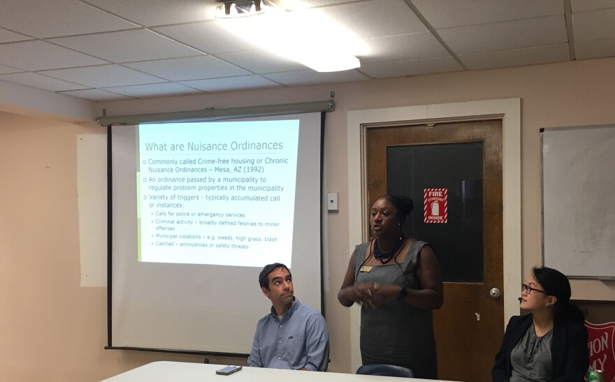 Lawyers Kalilah Jackson and Sandra Park led a discussion in Maplewood informing residents of the city's nuisance ordinance. 