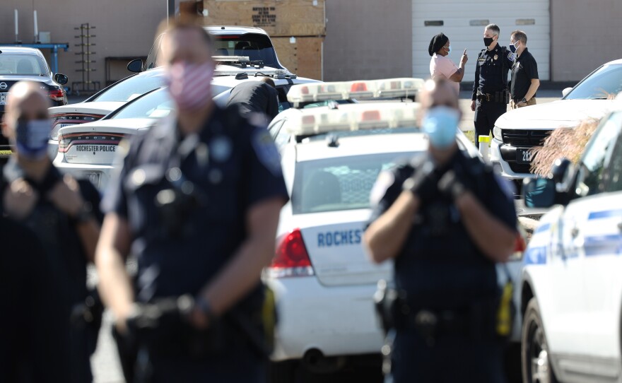 Rochester police were called to the Locust Club police union headquarters after protesters tried to attend a news conference held Thursday by attorneys representing the city officers involved in the Prude case.
