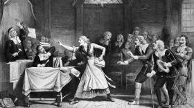 Witch trial in Salem, Massachusetts.   (Lithograph by George H. Walker. Undated)