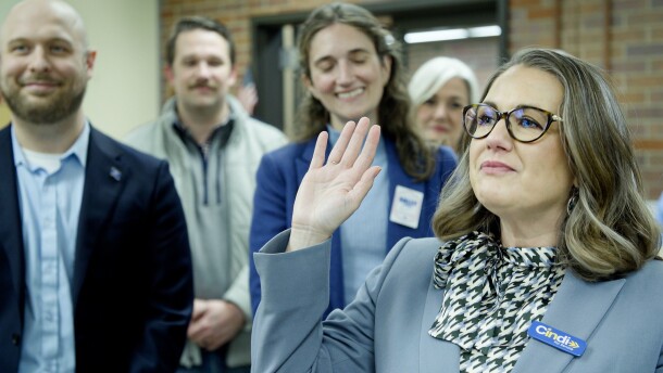 Cindi Clayton, Democratic candidate for Indiana Senate District 49, finishes her courtesy filing with an oath at the Vanderburgh County Civic Center, Tuesday Feb. 3. She's running against four-term Republican Jim Tomes in the November General Election.