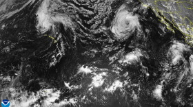 A satellite image shows Hurricane Lowell moving away from the Hawaiian Islands Tuesday morning, Sept. 8, 2026.
