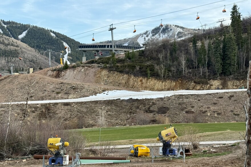 Snow guns sit idle beside the golf course at Canyons Village near the end of the ski season March 26, 2026.