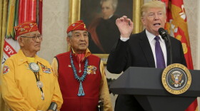 President Trump speaks during an event honoring members of the Native American code talkers in the Oval Office of the White House, on Nov. 27, 2017 in Washington. Trump stated, "You were here long before any of us were here. Although we have a representative in Congress who they say was here a long time ago. They call her Pocahontas," in reference to his nickname for Sen. Elizabeth Warren. (Oliver Contreras-Pool/Getty Images)