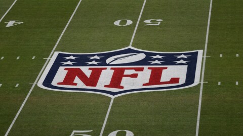 A view of the NFL logo on the field at Levi's Stadium before the NFL Super Bowl 60 football game, Sunday, February 8, 2026, in Santa Clara, Calif. (Adam Hunger/AP Content Services for NFL)
