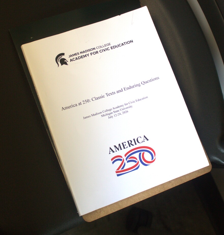 Textbook on chair featuring teachings from the Civics Education Academy, hosted by Michigan State University's James Madison College on July 15, 2026.