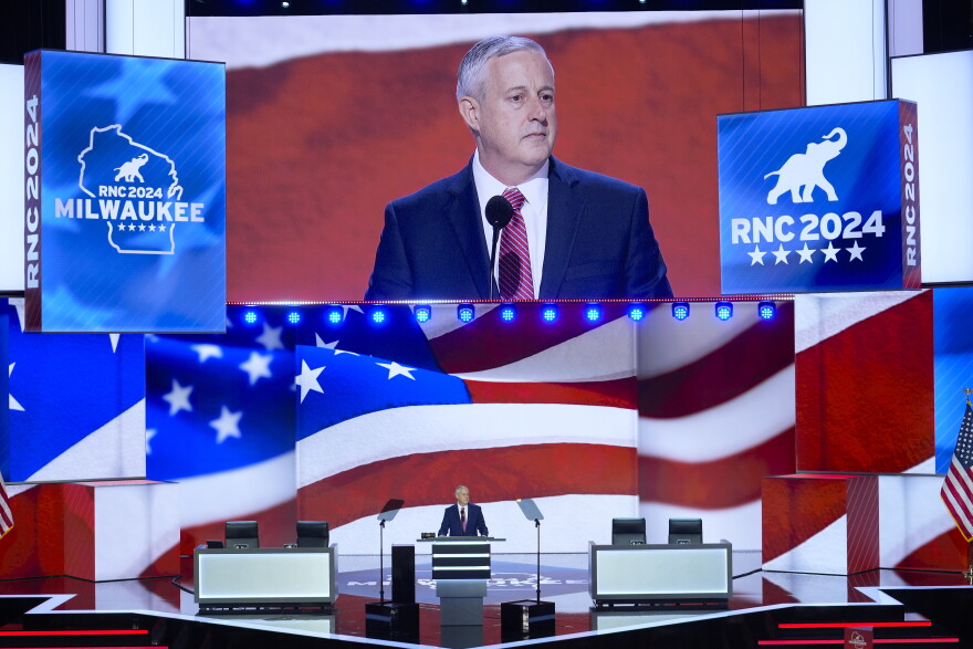 RNC Chair Michael Whatley speaks on stage on the first day of the Republican National Convention on Monday, July 15, 2024, in Milwaukee.