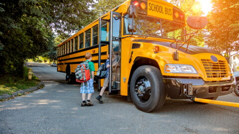 A young redheaded boy getting onto a school bus in sunshine.