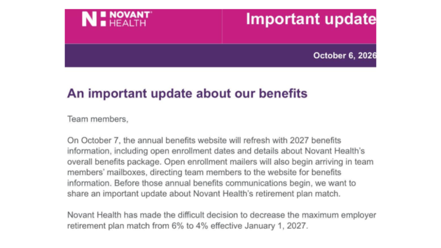 Screenshot of a message sent to Novant Health employees this week.