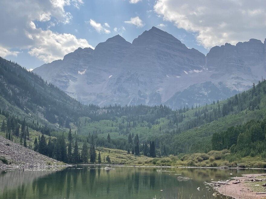 Aspen’s iconic Maroon Bells clouded by a layer of haze on August 31, 2021. Much of the wildfire smoke in the Roaring Fork Valley this summer came from out-of-state fires, some as far away as California.